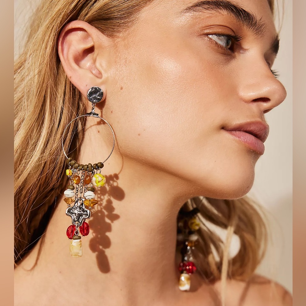 NWT Free People Lola Hoops Colorful Cross Beaded Earrings